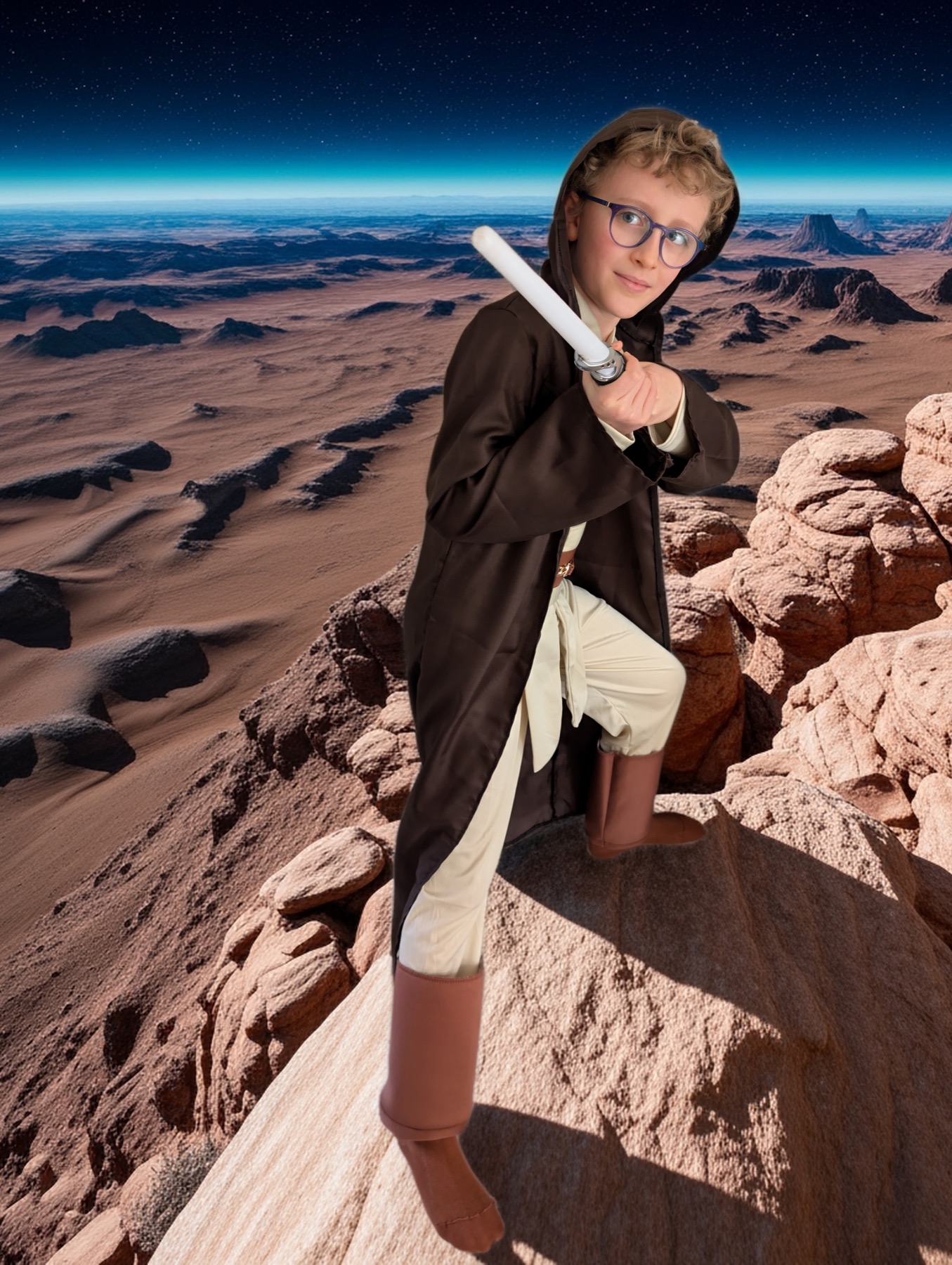 Arthur en tenue Jedi tenant un sabre laser sur un décor spatial